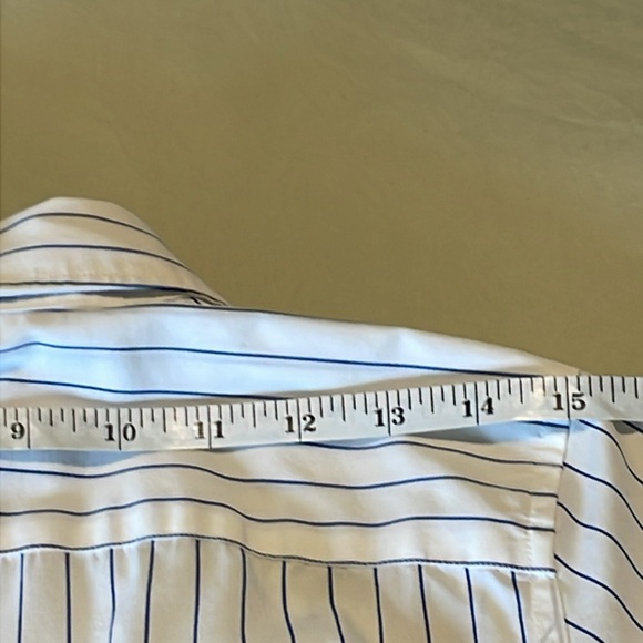 CHAPS Blue & White pinstriped No Iron blouse with three-quarter sleeves. - Picture 6 of 7